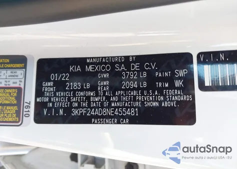 2022 Kia Forte Lxs z USA, uszkodzony, nr VIN 3KPF24AD8NE455481